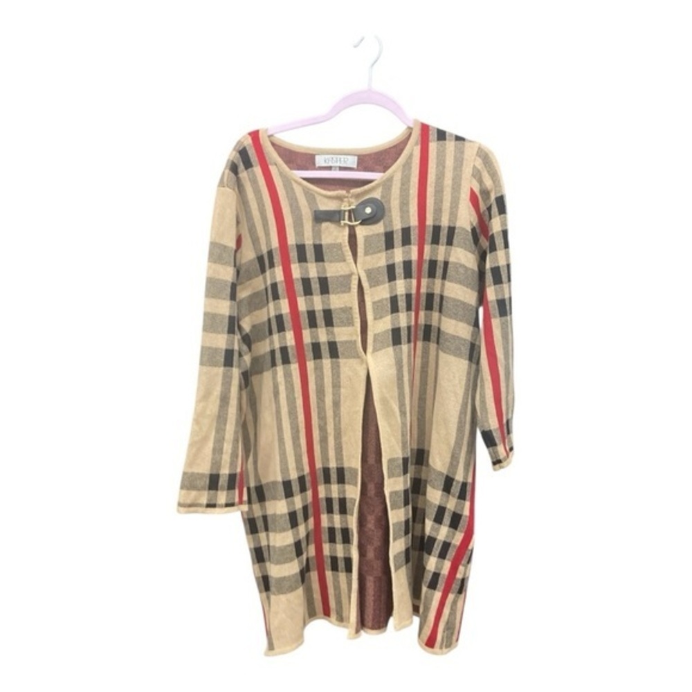 Kasper Beige and Black Checkered Cardigan